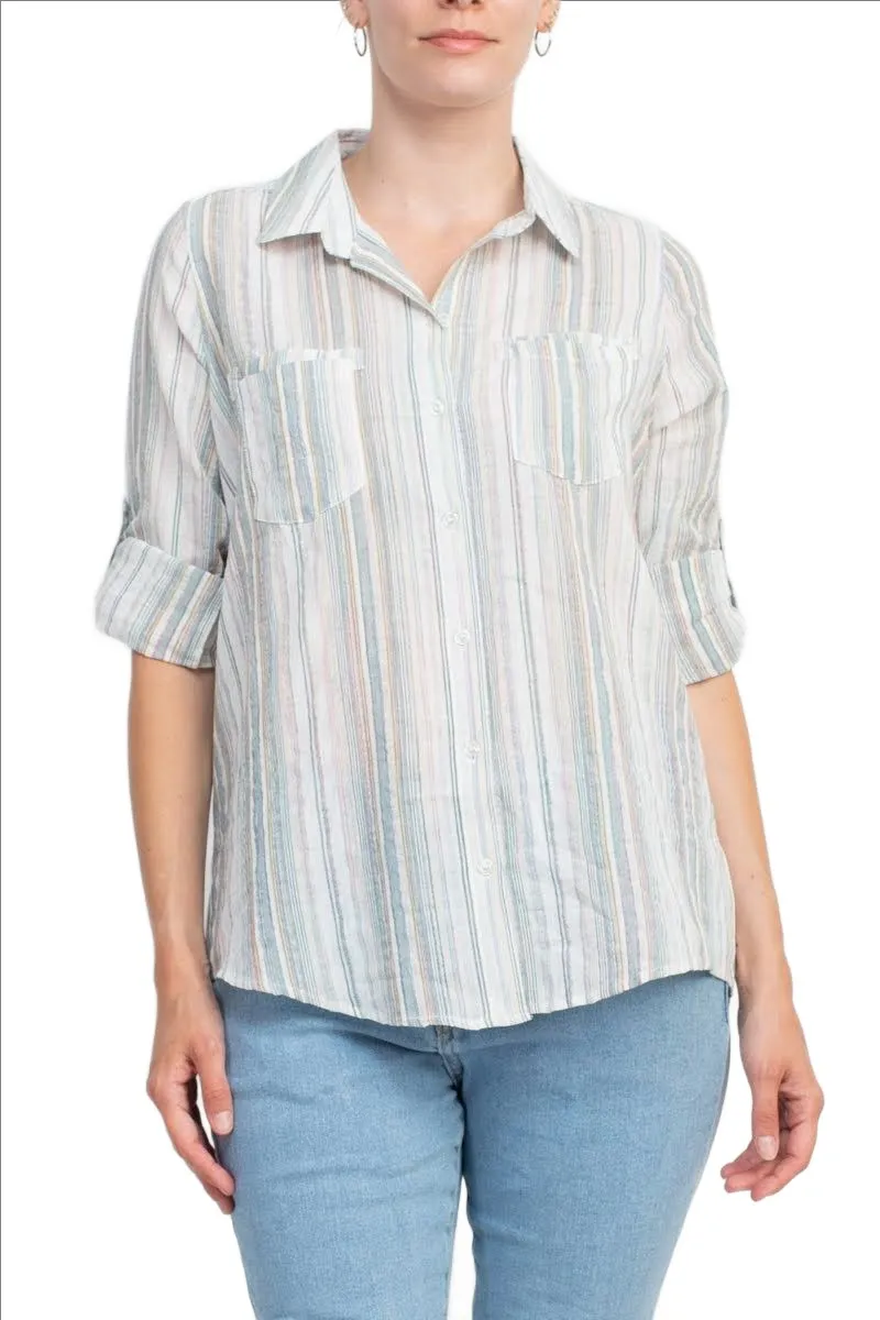 Adyson Parker Collared Button Down 2 Way Sleeve Pockets Multi Color Rayon Shirt by Curated Brands