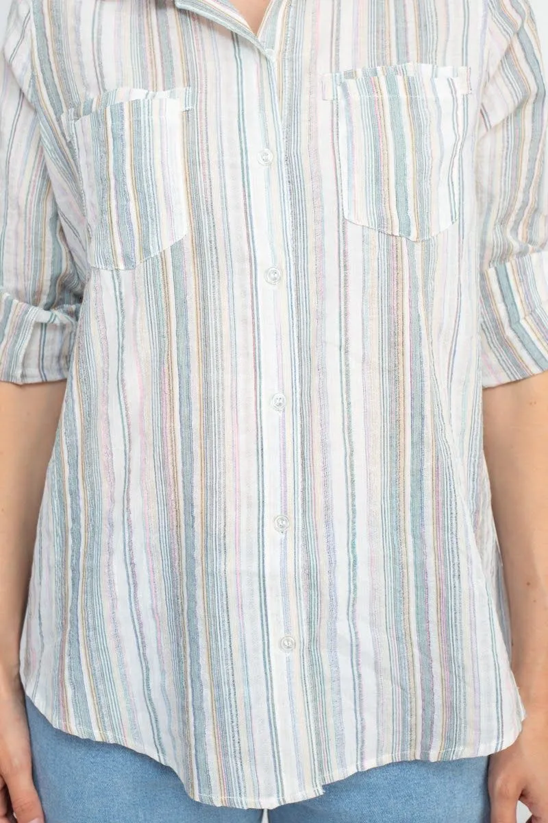 Adyson Parker Collared Button Down 2 Way Sleeve Pockets Multi Color Rayon Shirt by Curated Brands