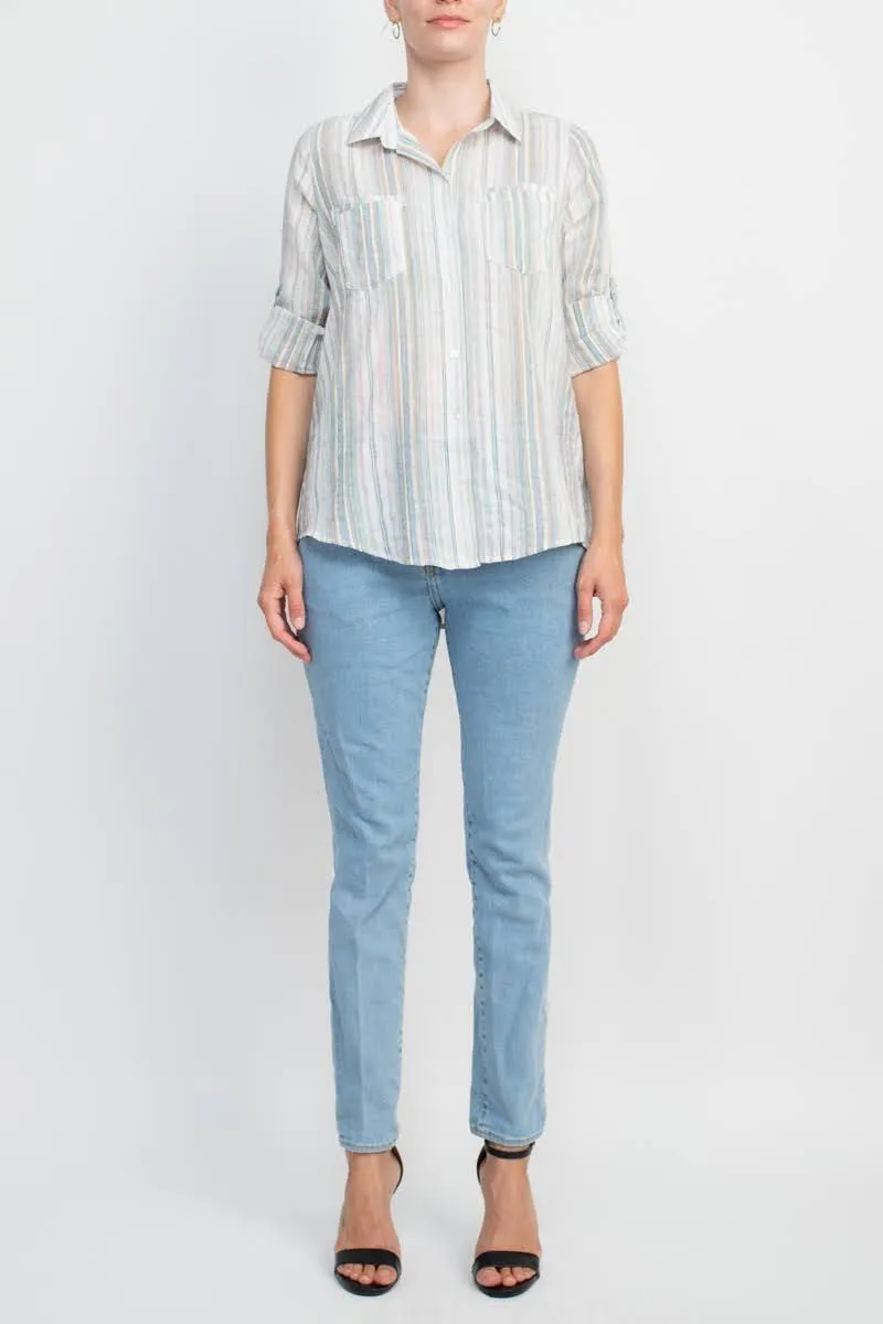 Adyson Parker Collared Button Down 2 Way Sleeve Pockets Multi Color Rayon Shirt by Curated Brands