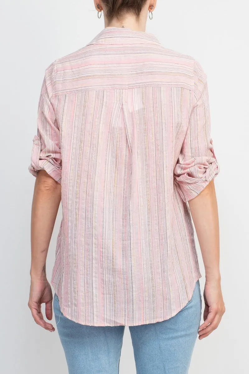 Adyson Parker Collared Button Down 2 Way Sleeve Pockets Multi Color Rayon Shirt by Curated Brands