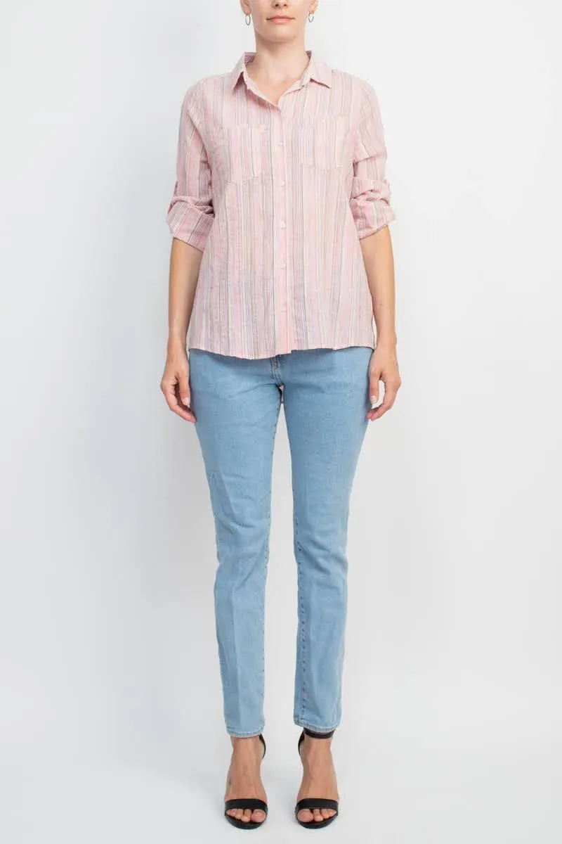 Adyson Parker Collared Button Down 2 Way Sleeve Pockets Multi Color Rayon Shirt by Curated Brands