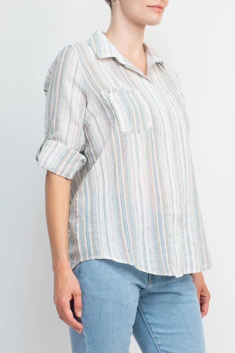 Adyson Parker Collared Button Down 2 Way Sleeve Pockets Multi Color Rayon Shirt by Curated Brands