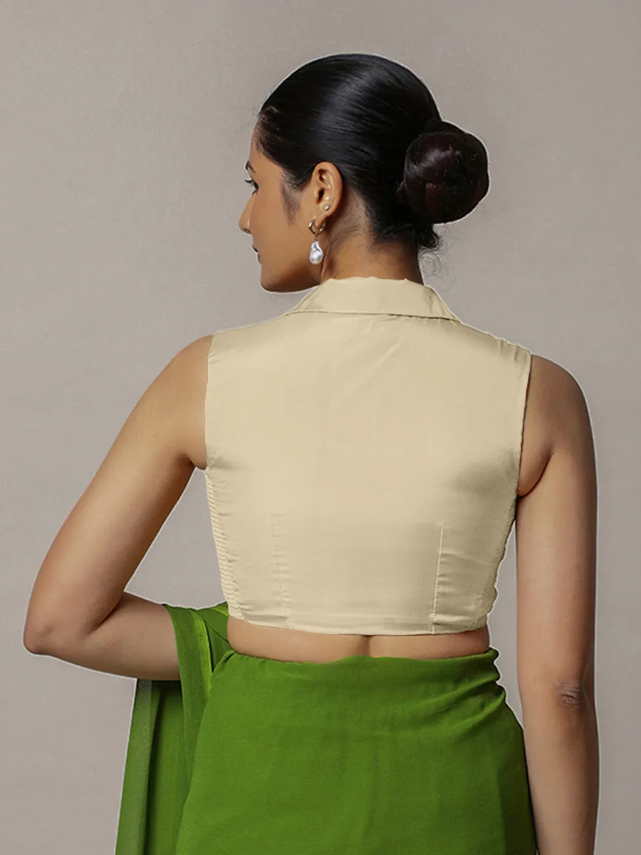 Avni x Rozaana | Cream Sleeveless FlexiFit™ Saree Blouse with Elegant Shawl Collar