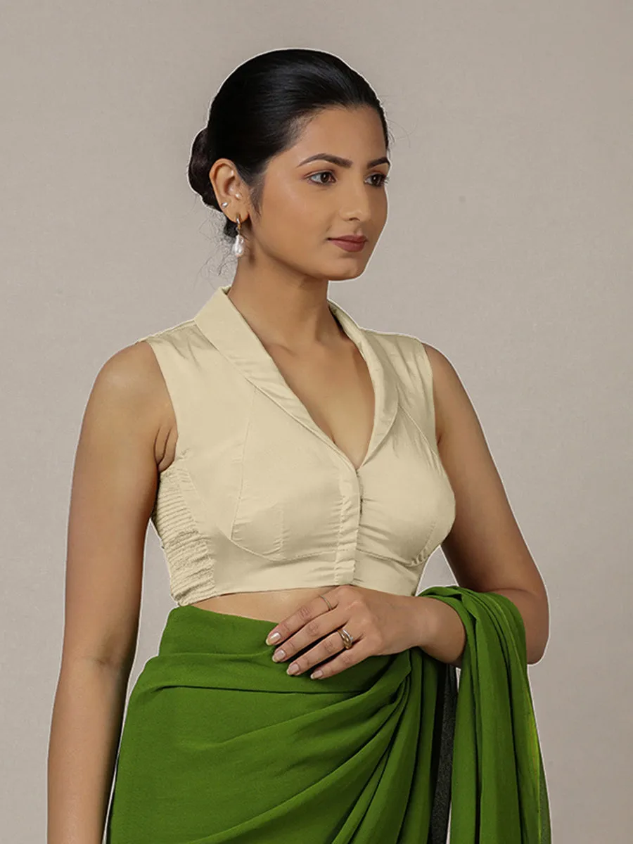 Avni x Rozaana | Cream Sleeveless FlexiFit™ Saree Blouse with Elegant Shawl Collar