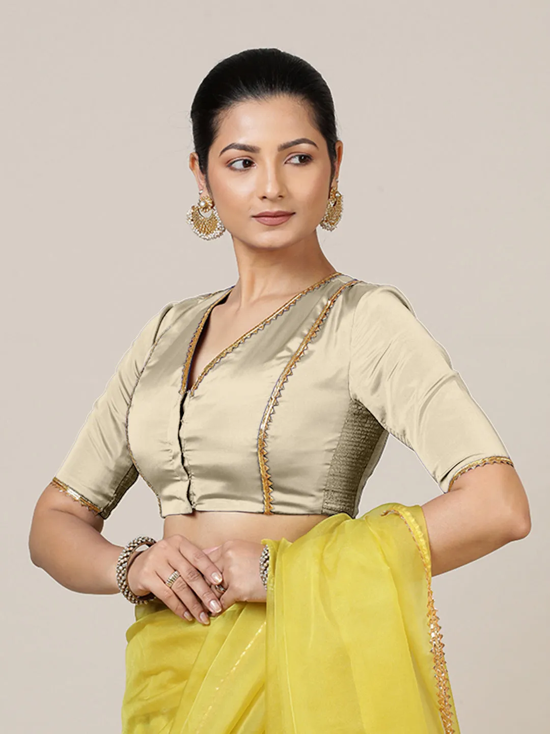 Begum x Tyohaar | Elbow Sleeves Saree Blouse in Cream