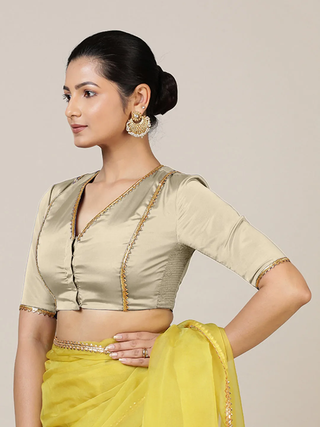 Begum x Tyohaar | Elbow Sleeves Saree Blouse in Cream