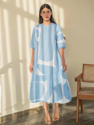 Blue Abstract Print Bottom Flare Dress