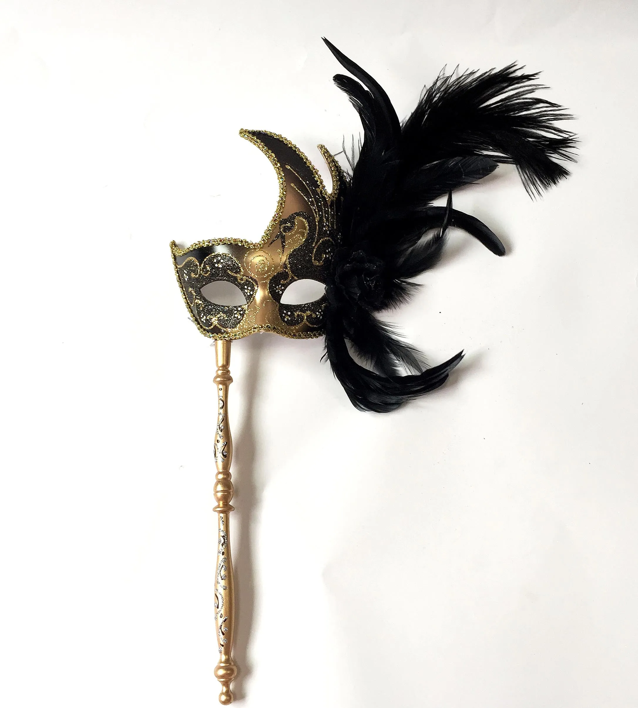Flame Mask with Flower Two Feathers and Detachable Stick