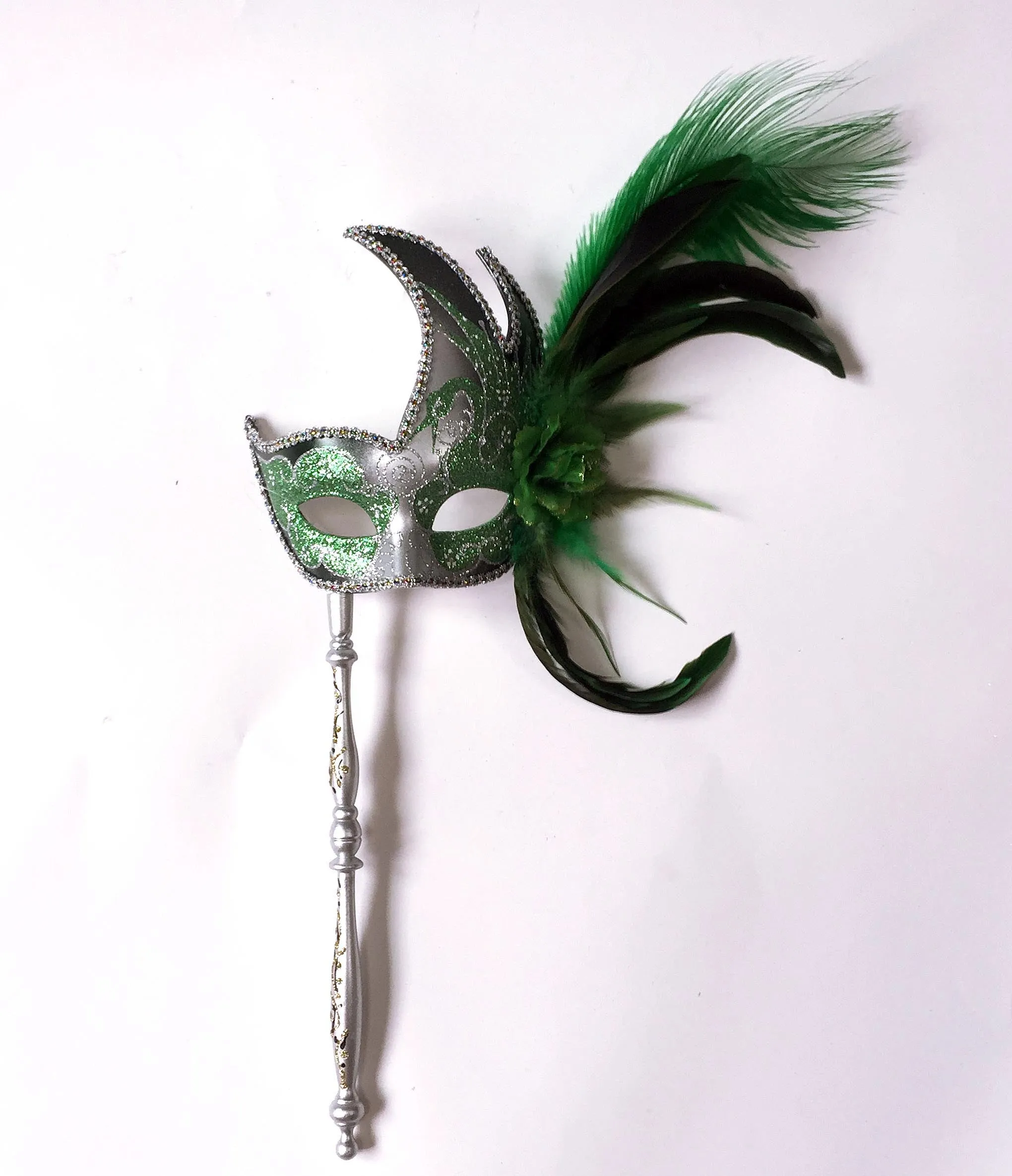 Flame Mask with Flower Two Feathers and Detachable Stick