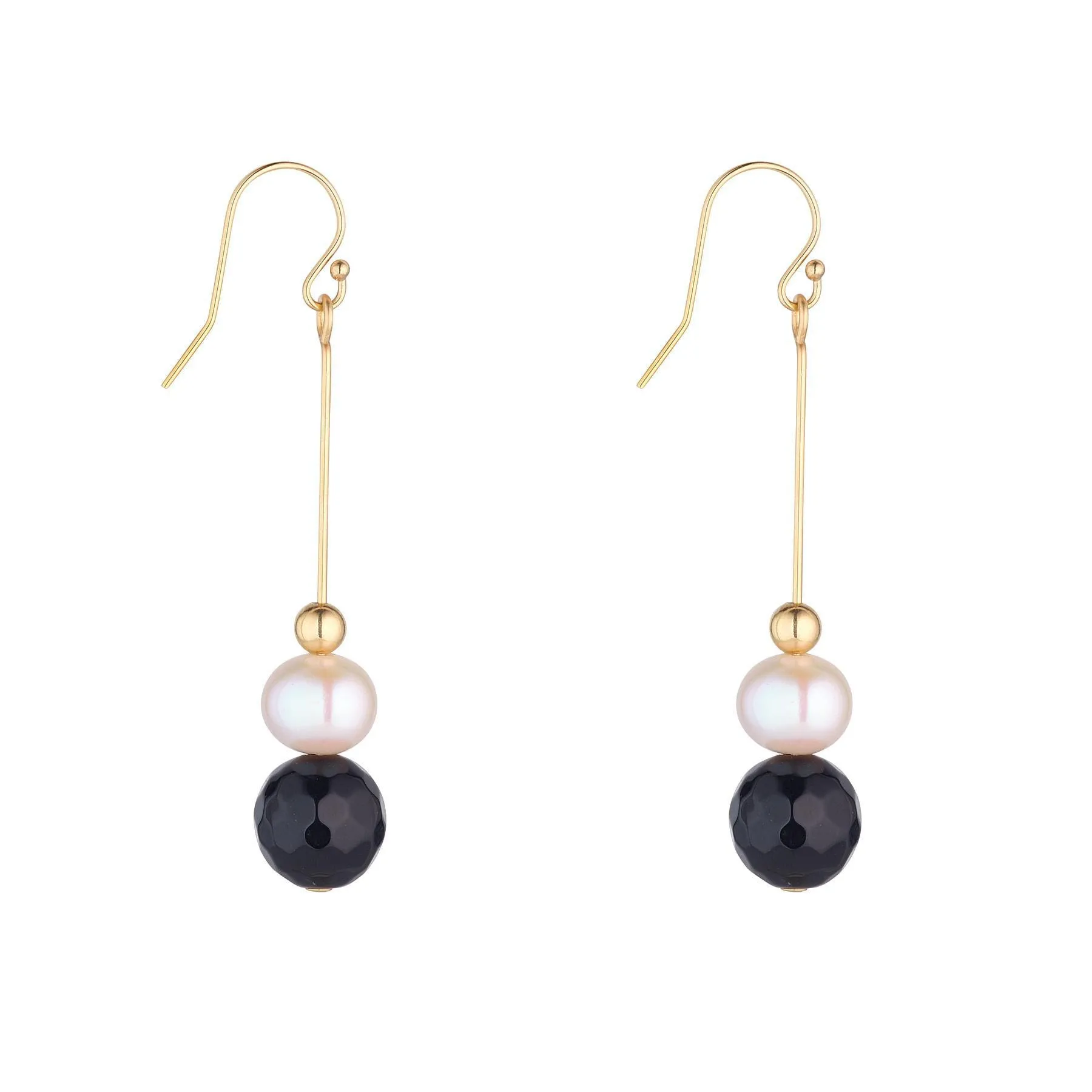 Gold Filled Pearl & Black Agate Pin Earrings