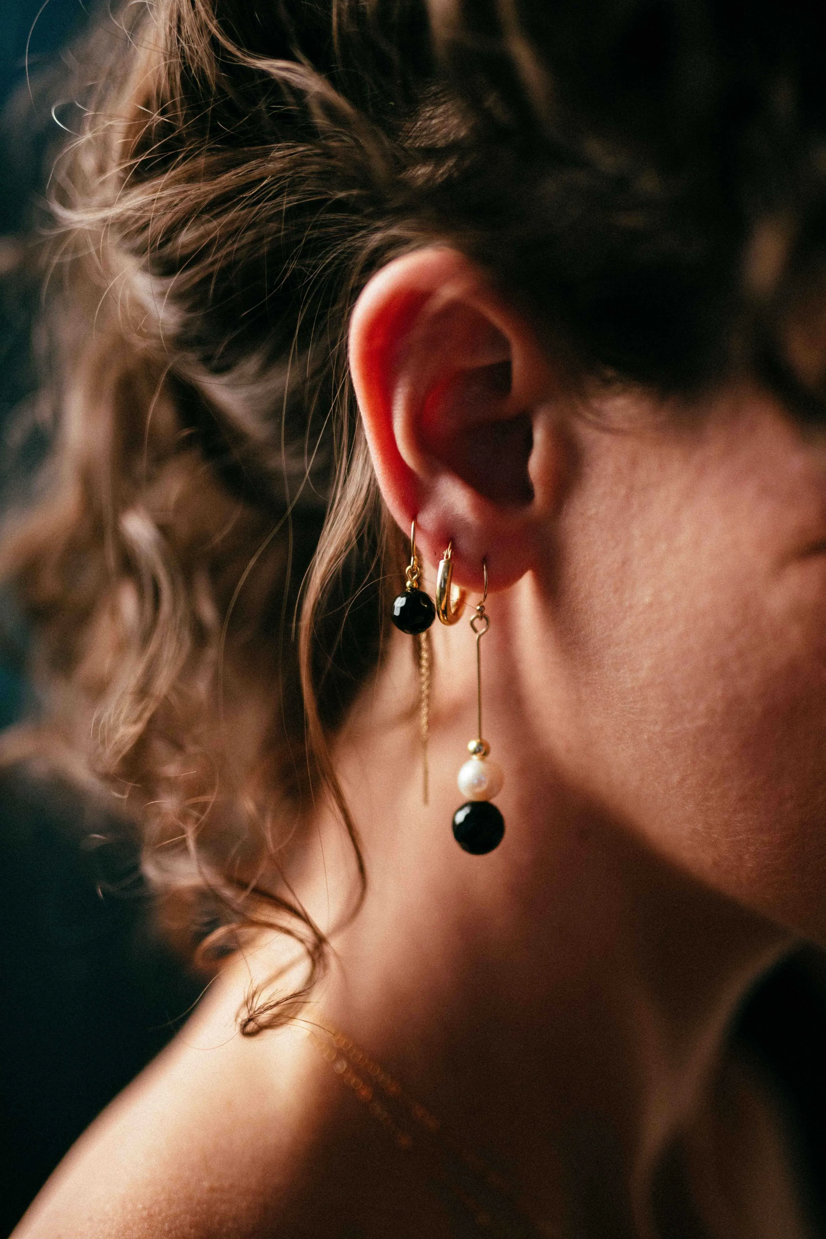 Gold Filled Pearl & Black Agate Pin Earrings