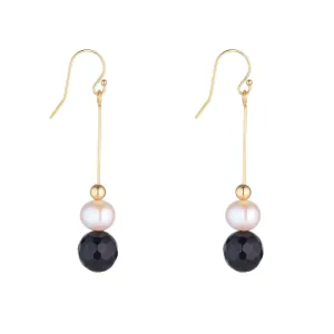 Gold Filled Pearl & Black Agate Pin Earrings