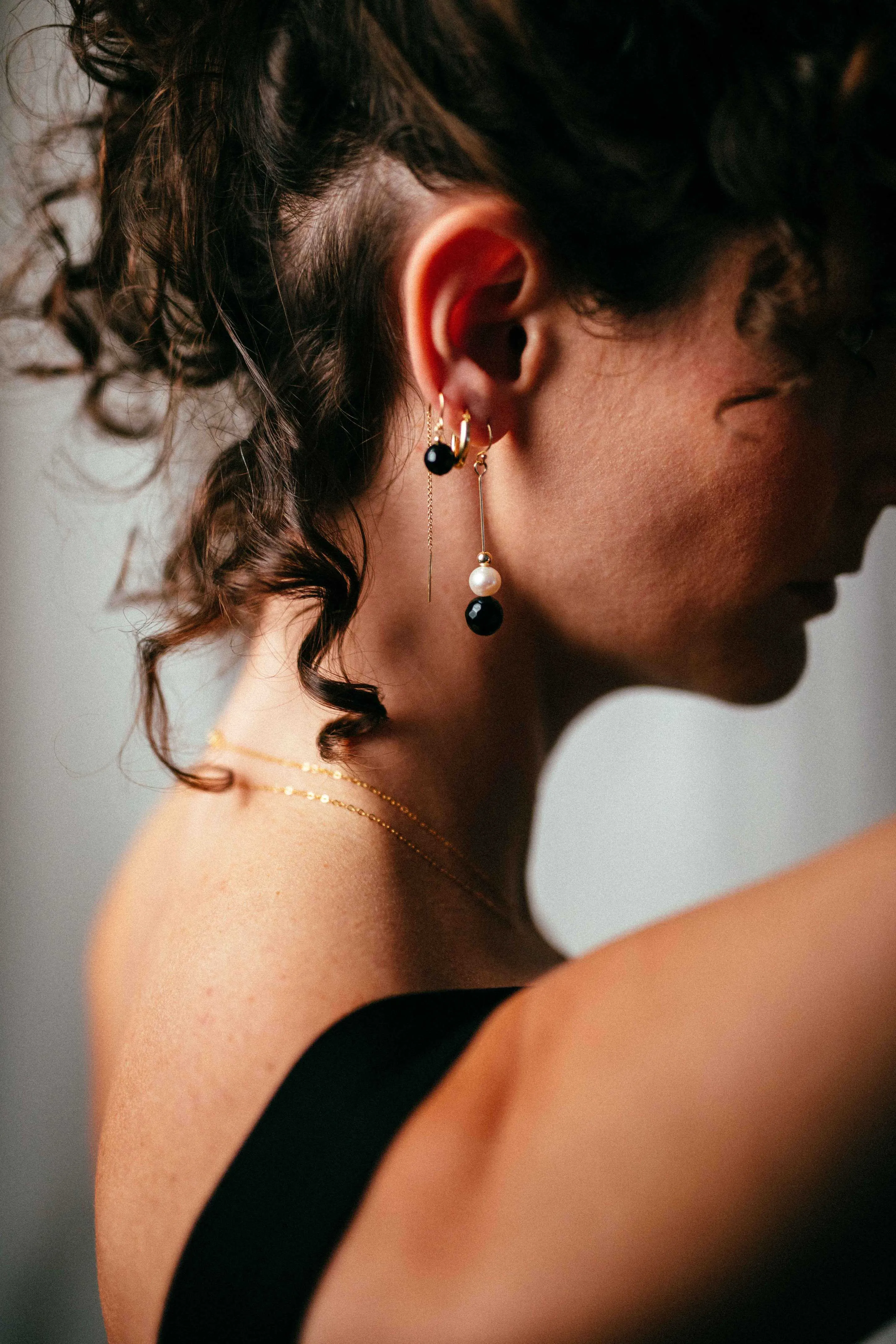 Gold Filled Pearl & Black Agate Pin Earrings