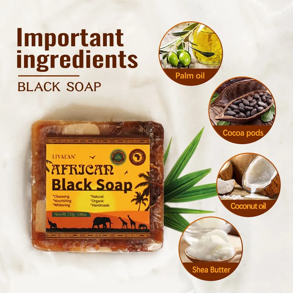 LIYALAN African Black Soap Anti Taches Face Bath Deep Cleansing Exfoliating Body Moisturizing Treatment Acne