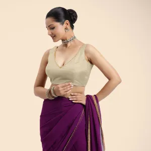 Raisa x Tyohaar | Cream Sleeveless FlexiFit™ Saree Blouse with V Neckline with Golden Gota Lace Embellishment and Back Cut-out with Tie-Up