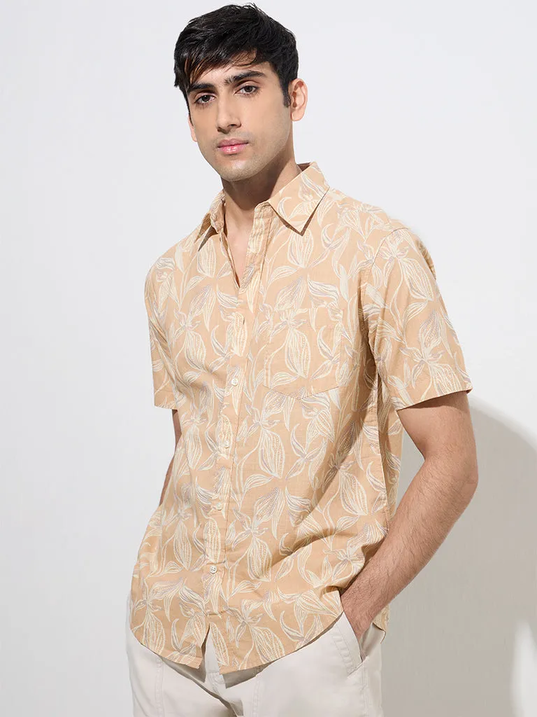 WES Casuals Light Orange Botanical-Printed Relaxed-Fit Cotton Shirt