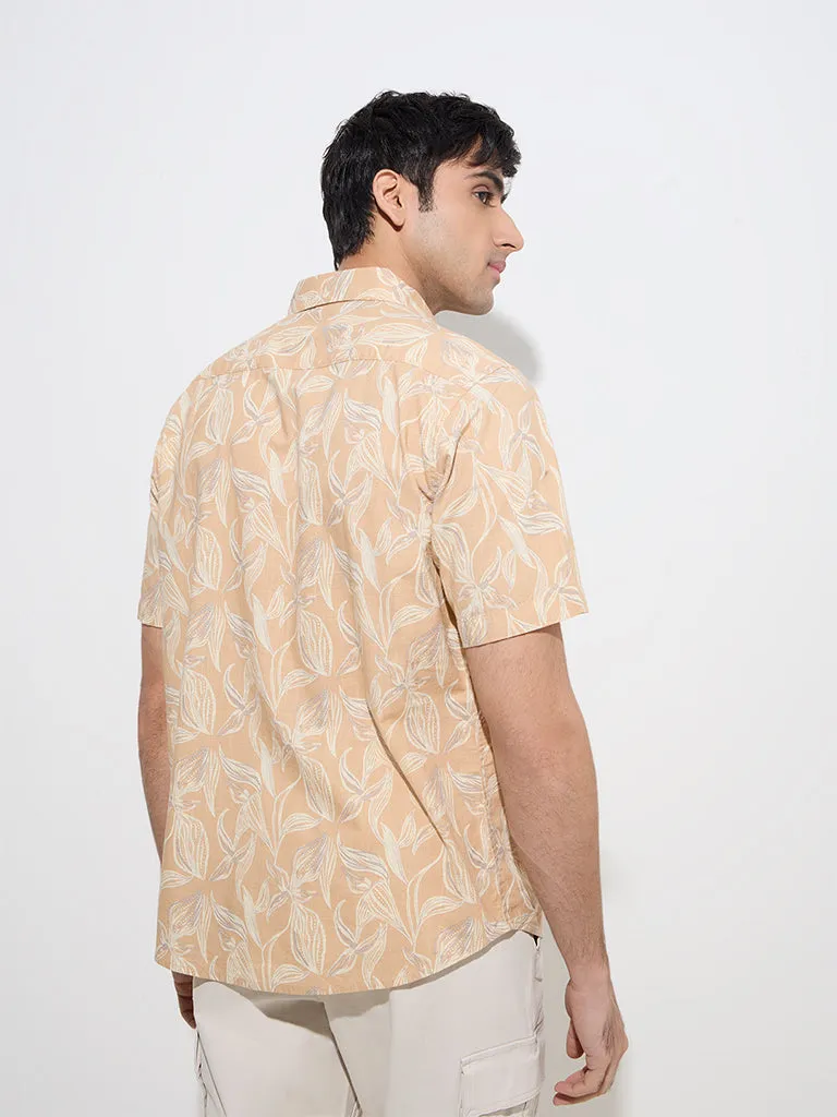 WES Casuals Light Orange Botanical-Printed Relaxed-Fit Cotton Shirt