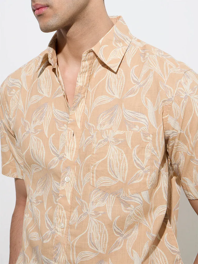WES Casuals Light Orange Botanical-Printed Relaxed-Fit Cotton Shirt
